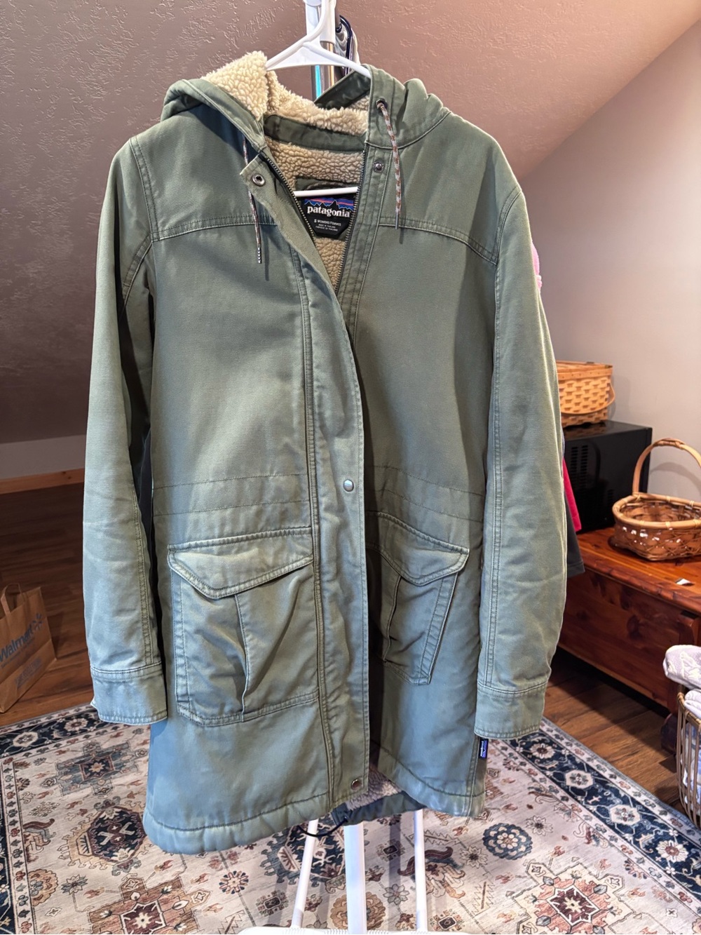Patagonia Olive Green Hooded Sherpa Parka